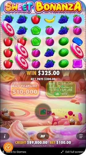 Bonusová funkce ve Sweet Bonanza s možností nákupu a dvojnásobnou šancí na výhru