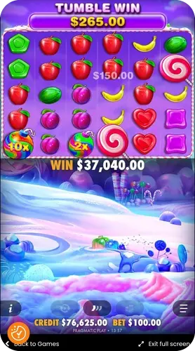 Velká výhra v Sweet Bonanza – funkce Tumble Win s výhrou 37 040 $